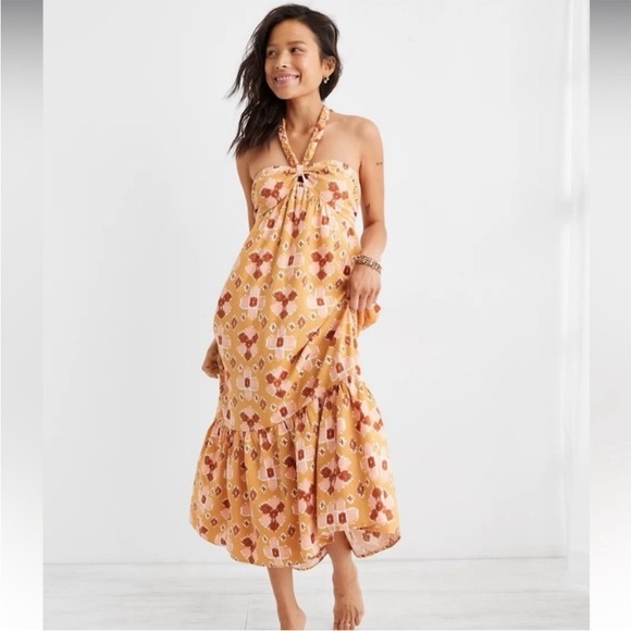 Aerie XL Linen Blend Braided Halter Hi-Lo Maxi Dress Mustard Yellow NWT - Picture 1 of 17